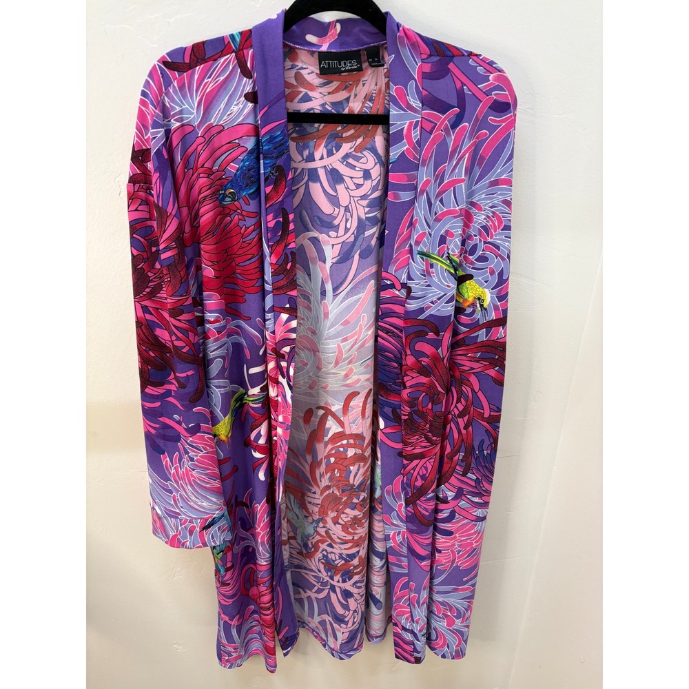 Attitudes by Renee Purple Floral Hummingbird Open Front Duster Cardigan XL